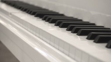 Kendi kendine oynarken beyaz piyano piyanist olmadan. Kendisi piyano çalıyorsun. Yan açı görünümü kapatın