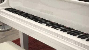 Kendi kendine oynarken beyaz piyano piyanist olmadan. Kendisi piyano çalıyorsun. Yan açı görünümü kapatın