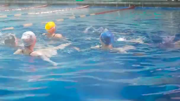 Nuoto sincronizzato. Gambe snelle ragazze atleti sporgono dall'acqua in piscina aperta in inverno. Le ragazze imparano a nuotare in piscina. Giovani ragazze sono addestrati a nuotare competitivo in piscina — Video Stock