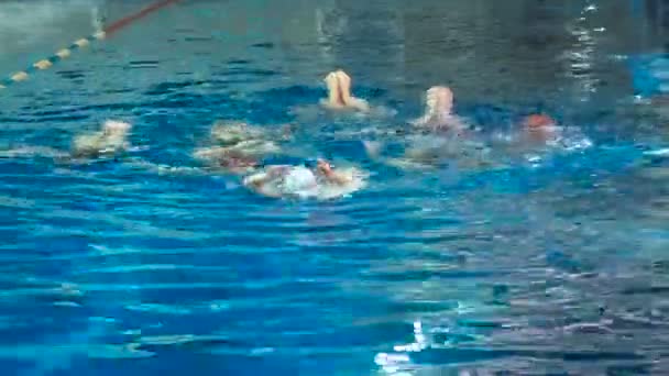 シンクロナイズド スイミング 冬のオープン プールの水からほっそりした脚女の子選手を出します 若い女の子は プールで水泳を学ぶ 若い女の子がプールで競泳する訓練を受けています — ストック動画