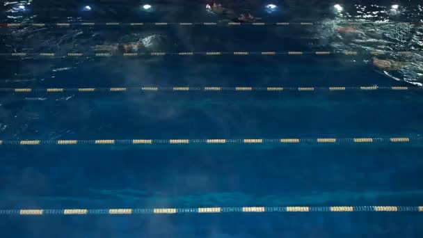 Personas activas nadan al aire libre en una piscina deportiva en invierno. Nadar en el lavabo al aire libre en invierno. Los hombres y las mujeres nadan en el estilo de pecho — Vídeos de Stock