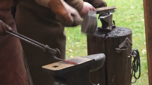 Dos herreros en el proceso de producción de productos metálicos hechos a mano en el taller al aire libre. Uno de los herreros golpea con un martillo en el metal, otro limpia la pieza de trabajo de la escala y el hollín — Vídeos de Stock