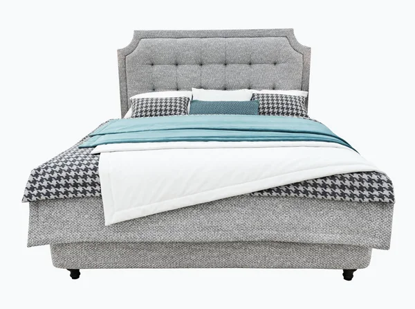 Luxury gray modern bed furniture with upholstery capitone texture headboard and fabric bedclothes. Classic modern furniture with shallow stripe cloth on isolated background