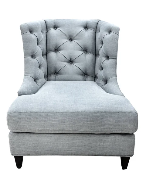 Сіре класичне старовинне сучасне крісло з тканинною оббивкою ізольовано на білому тлі. Затишний тканинний стілець вид спереду — стокове фото