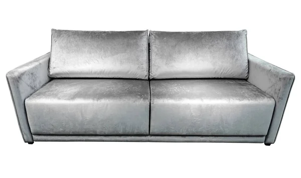 Stříbrné šedé velur pohovku s polštáři. Měkká gauč s polštáři, samostatný pozadím — Stock fotografie