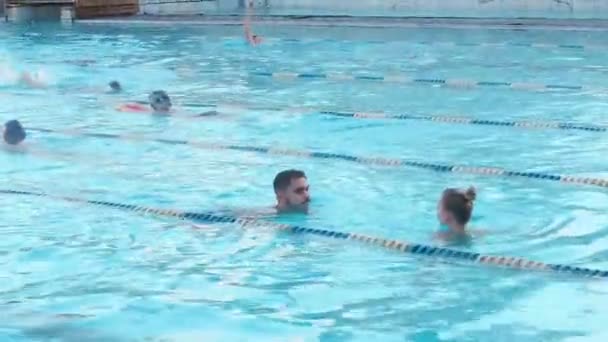 Mosca, Russia, 16 febbraio 2019: Le persone attive nuotano all'aperto in una piscina sportiva Chayka in inverno. Nuotare nel bacino all'aperto durante l'inverno. Uomini e donne nuotano a rana — Video Stock