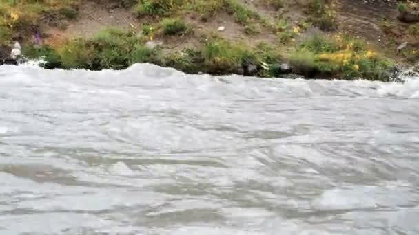 Fırtınalı bir dağ nehir güzel doğal sel. Flaş sel çamurlu nehir. Hızlı akan su Raging River atılıyor. Doğal afetler fırtınalı kahverengi bulanık su Flo. 30 kare/sn — Stok video