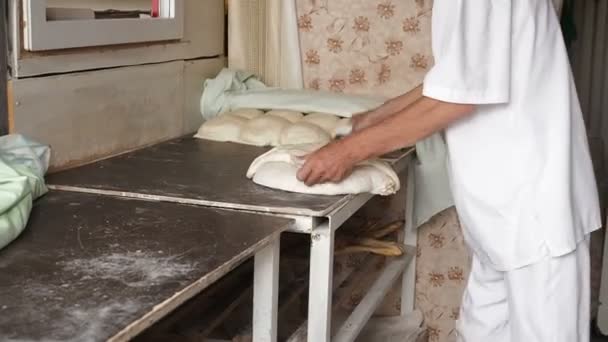 Traditionella bageri tonen eller Torne eller Turne för bakning en georgisk Shotis Puri eller Shoti bröd. Matlagning Process: Baker formar den platt bröd och sticker degen till väggen i ugnen och ta redo Shoti i — Stockvideo