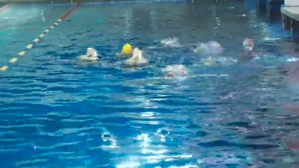 Natación sincronizada. Chicas piernas delgadas atletas sobresalen del agua en la piscina abierta en invierno. Las chicas jóvenes aprenden a nadar en la piscina. Las chicas jóvenes están entrenadas para nadar en la piscina — Vídeo de stock