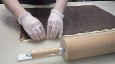 Olay: Cook doldurma bir rulo tarçın ile hamur tamamladı. Tarçın rulo imalatı. Pastane. İştah açıcı tarçınlı çörek yapışkan buns 