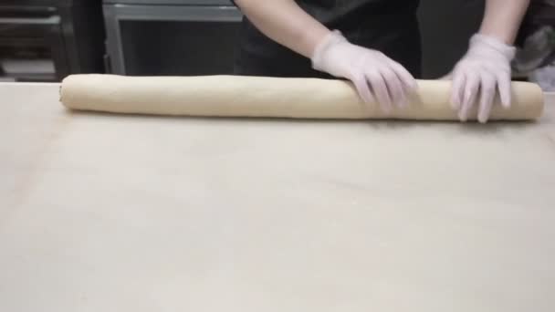 La scène : Cuire aligne la pâte enveloppée avec la farce à la cannelle en rouleau. Production de rouleaux de cannelle. Produits de boulangerie. Petits pains à la cannelle collants — Video