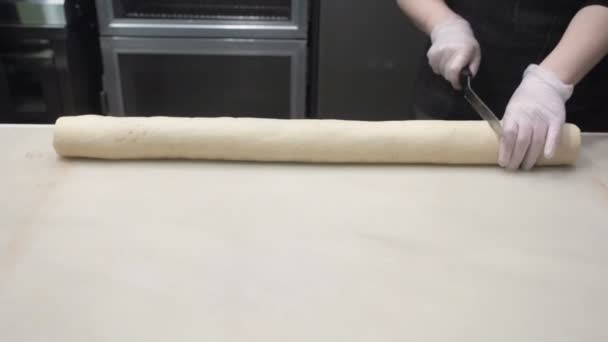 La scène : Cuire des morceaux égaux de petits pains à la cannelle. Production de rouleaux de cannelle. Produits de boulangerie. Petits pains à la cannelle collants — Video