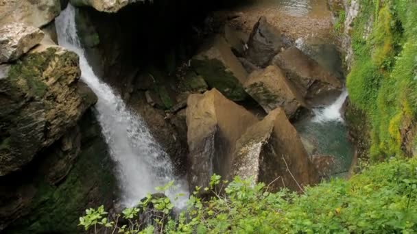 Cascada en un bosque tropical húmedo. Tormenta corriente de un río de montaña. Hermosa cascada en el bosque. El agua pura cae de las montañas. Un tormentoso chorro de picos con un spray de cámara lenta — Vídeos de Stock