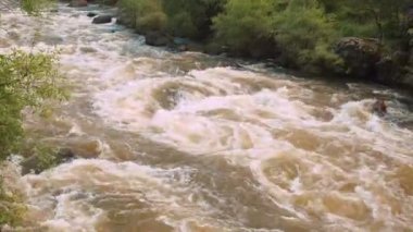 Bir Stormy Mountain River güzel doğal torrent. Flaş Flood çamurlu nehir. Rushes nehir Raging hızlı akan su. Doğal afetler fırtınayı Brown turbid su akışı