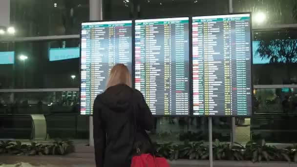 Kadın havaalanında kalkış için bekliyor, kalkış panosu, havaalanı elektronik zaman çizelgesi ekranı, parazit. Moskova, Domodedovo havaalanına elektronik kalkış ve varış görüntüsü — Stok video