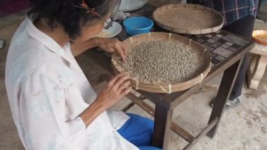 Küçük yuvarlak hasır sepet veya bambu elek arabica kahve çekirdekleri ile sıralama yaşlı kadın, Güneydoğu Asya kahve ekim imal fabrikasında kalite kontrol ve seçim yapmak. El emeği