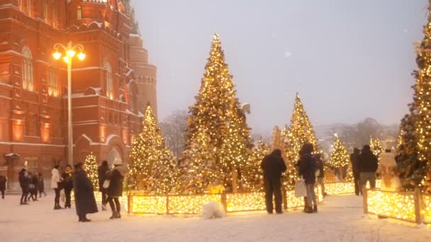 Moskva-Dec 17, 2018: festligt nyår och jul Holydays Moskva. Folkmassan går bland julgranar på Manezhnaya Square nära Röda torget och Kreml. Ljusa ljus lyser på många — Stockvideo