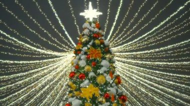 Top of large Christmas tree with beautiful decorations of colored balls and shining star and garlands on the street at night