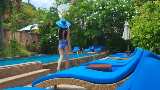 Bella dama en traje de baño azul, sombrero y gafas de sol caminando alrededor de la piscina con agua clara en un día soleado. Resort de lujo ahogándose en la vegetación. Encuesta de natación con tumbonas azules a la sombra de — Vídeo de stock