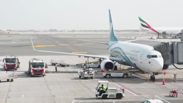 Muscat, Oman - 6 Mei 2019: Memuat bagasi dalam pesawat. Pekerja laki-laki mengangkut bagasi penumpang ke kargo pesawat dari maskapai penerbangan Oman Air. Koper bergerak di sepanjang ban berjalan. — Stok Video