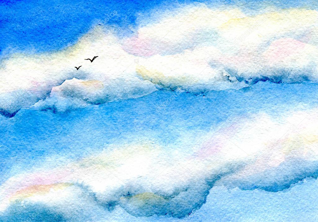 Sky and birds. Hand painted watercolor illustration