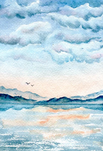 Wolken über dem Meer, handgemalte Aquarell-Illustration — Stockfoto