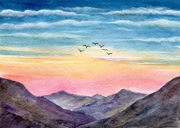 Birds in mountains. Hand painted watercolor illustration — Stock Photo, Image