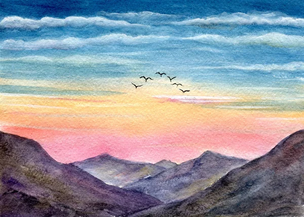Birds in mountains. Hand painted watercolor illustration