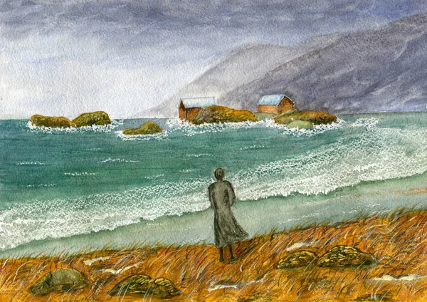 Mulher junto ao mar tempestuoso — Fotografia de Stock