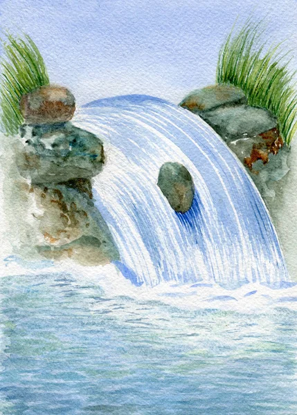 瀑布在流入大海的石头之间流动 — 图库照片