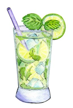 Bir bardak mojito, suluboya çizim.