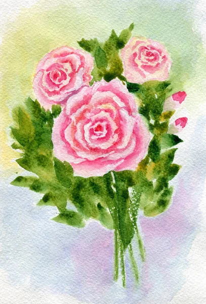 Watercolor bouquet of pink roses — Stock Photo, Image