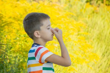 Ragweed 'e alerjisi olan bir çocuk. Seçici odak.
