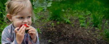 Bahçede çilek yiyen bir kız. Seçici odak.