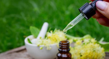 Linden çiçekleri ve gerekli yağ, bitkisel ilaçlar.