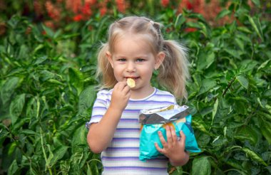 Cips yiyen kız. Sağlıksız yemek ve yaşam tarzı kavramı. Bir paket patates cipsi.