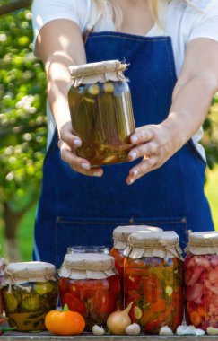 Doğanın arka planında salatalık konservesi yapan bir kadın. Seçici odak.