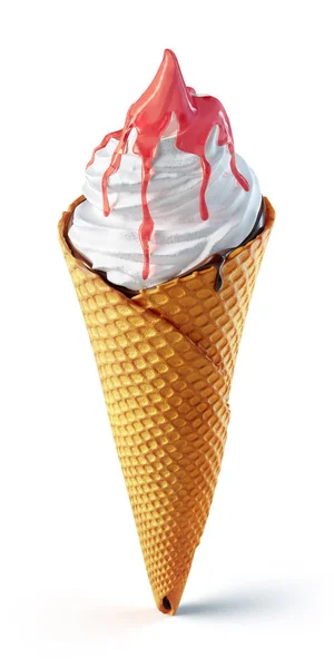 Render White Tasty Ice Cream Cone Covered Sweet Red Jam — Stock Photo, Image