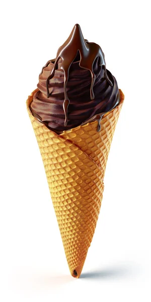 Renderizado Chocolate Sabroso Cono Helado Cubierto Con Cobertura Marrón Líquido — Foto de Stock