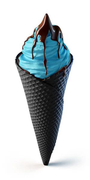 Render Blue Tasty Ice Cream Cone Covered Sweet Chocolate Topping — Stock Photo, Image