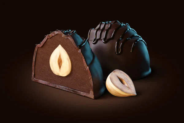Bonbons Chocolat Noir Avec Remplissage Truffe Noisette Entière Intérieur — Photo