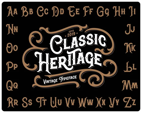 Sada Vintage Písma Názvem Klasické Dědictví Ozdobnými Ornamenty Černém Pozadí — Stockový vektor