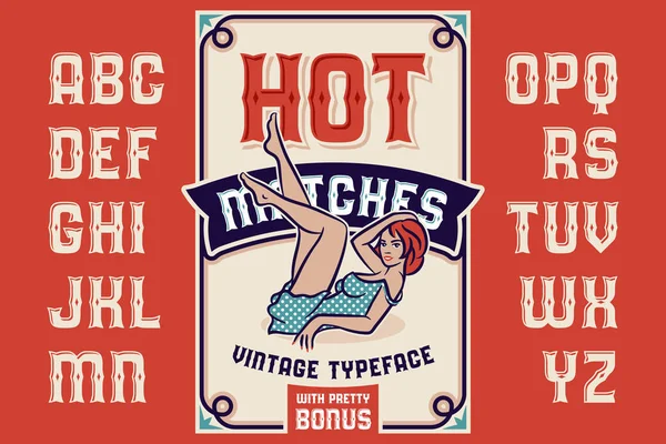 Vintage Decoratieve Lettertype Hot Matches Met Mooie Vrouw Illustratie Labelontwerp — Stockvector