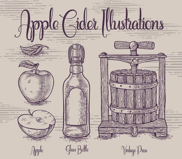 Set Van Handgemaakte Apple Cider Thema Illustraties Lijn Art Stijl — Stockvector