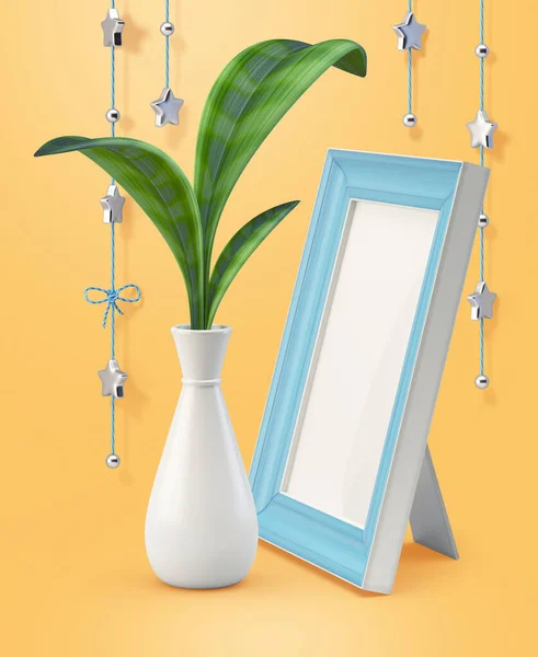 白い花瓶に緑の植物の3Dレンダリング空のフレームと装飾的な星の背景 — ストック写真