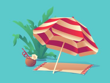 Plaj şemsiyesi, hindistan cevizi kokteyli ve tropikal yaprakların temsili.