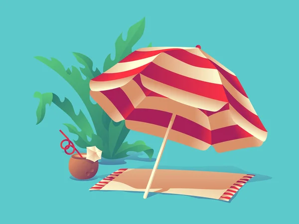 Vektorillustration Ett Strandparaply Kokoscocktail Och Tropiskt Bladverk — Stock vektor