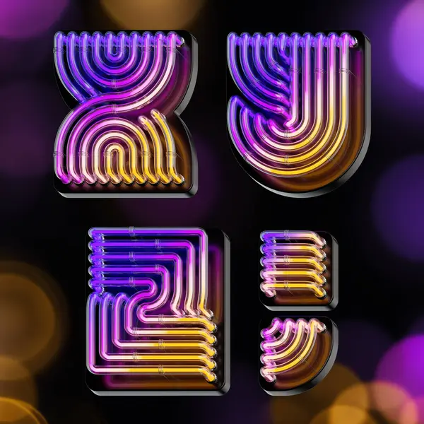カラフルなグラデーションの輝くネオンチューブで作られた3Dレンダリングされた大胆な文字セット — ストック写真
