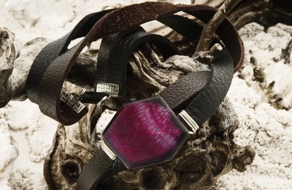 Leather Bracelet With Fuchsia Agate Stone