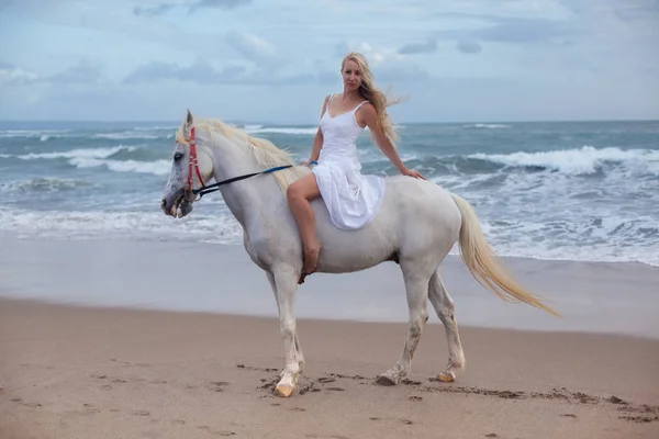 Szexi fiatal nő séta a ló, a strandon, lovaglás — Stock Fotó